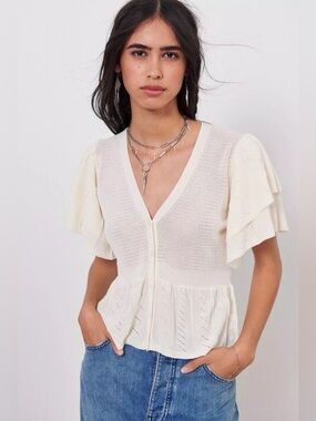 BA&SH Acacio Pointelle Knit Short Sleeve Cardigan off White Size 2